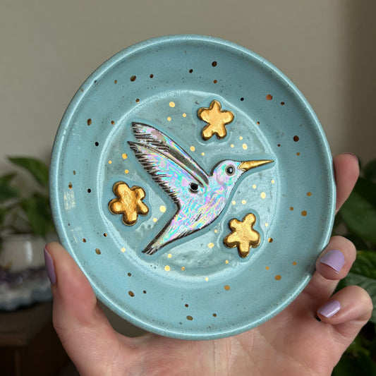Hummingbird + Flowers Incense Holder • Sky Glaze