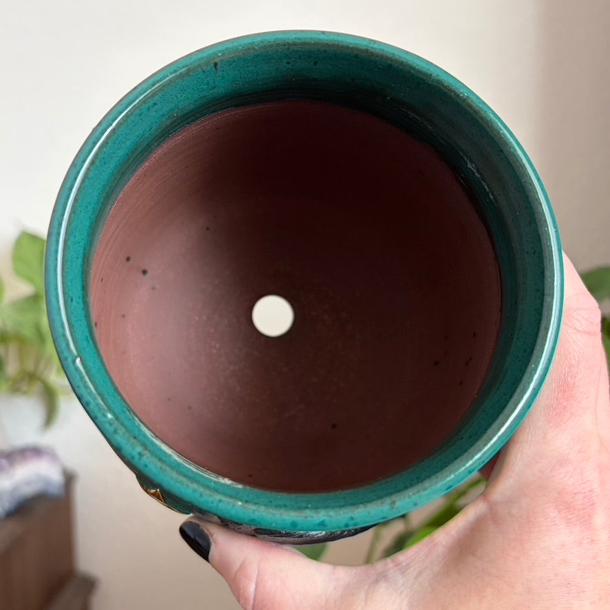 Celestial Raven Cauldron Planter • Emerald Glaze • Drainage