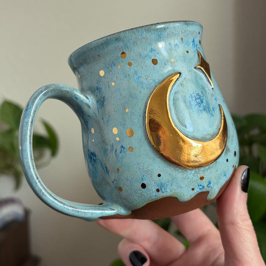 Crescent Moon + Star Mug • Drippy Mermaid Cove Glaze • 12 fl oz