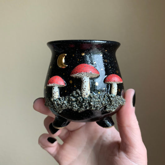 Cherry Red Mushrooms Mini Ritual Cauldron • Raven Glaze
