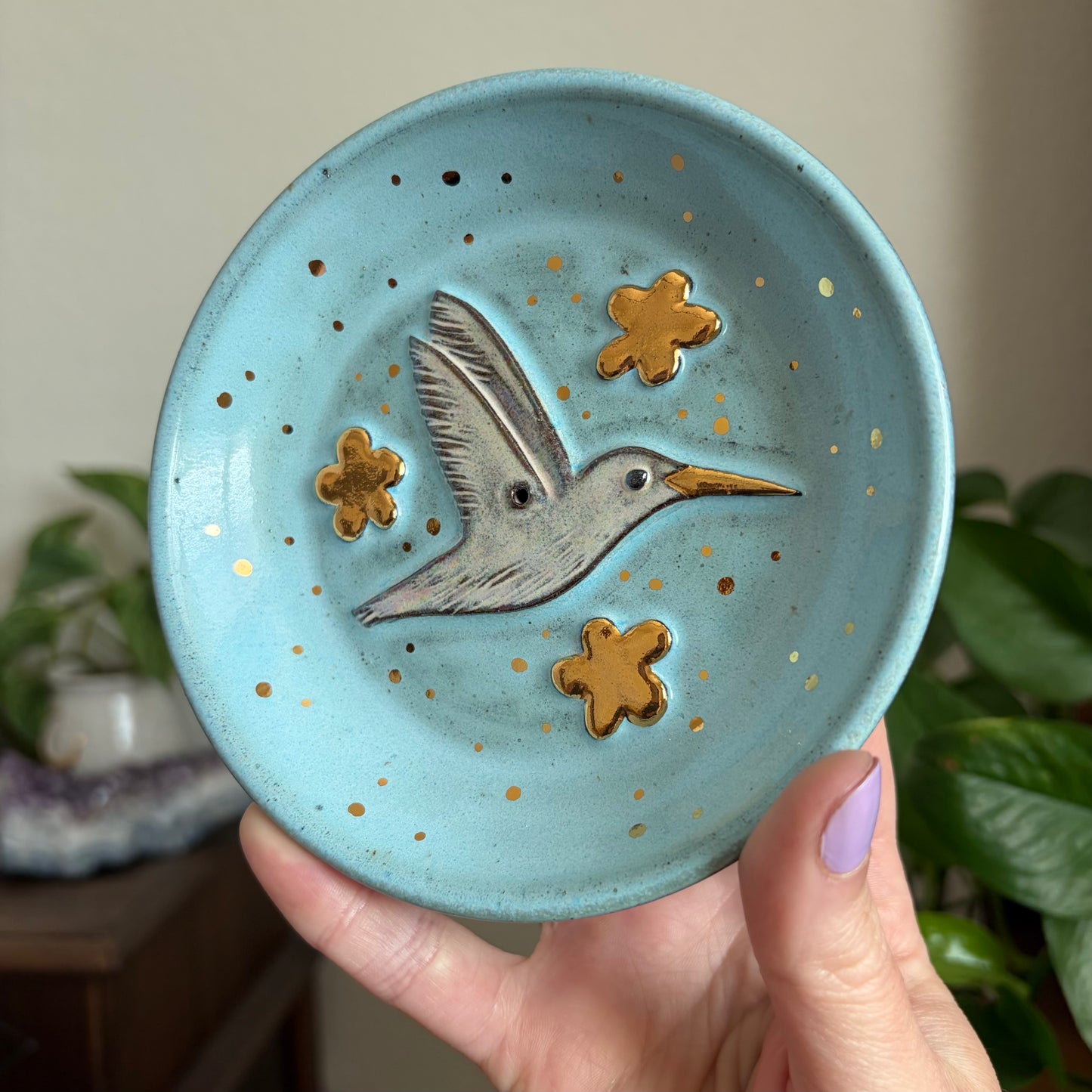 Hummingbird + Flowers Incense Holder • Sky Glaze