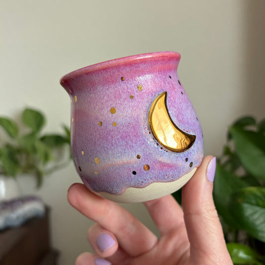 Crescent Moon Mini Planter • Drippy Electric Cosmos Glaze • Drainage