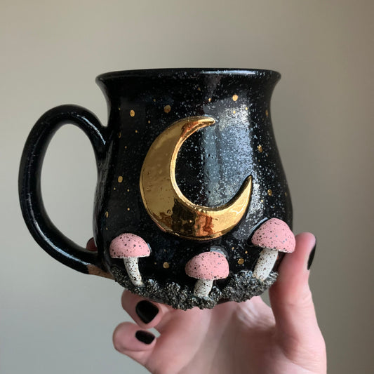 Moonlit Mushroom (Blush Pink) Mug • Drippy Raven Glaze • 14 fl oz