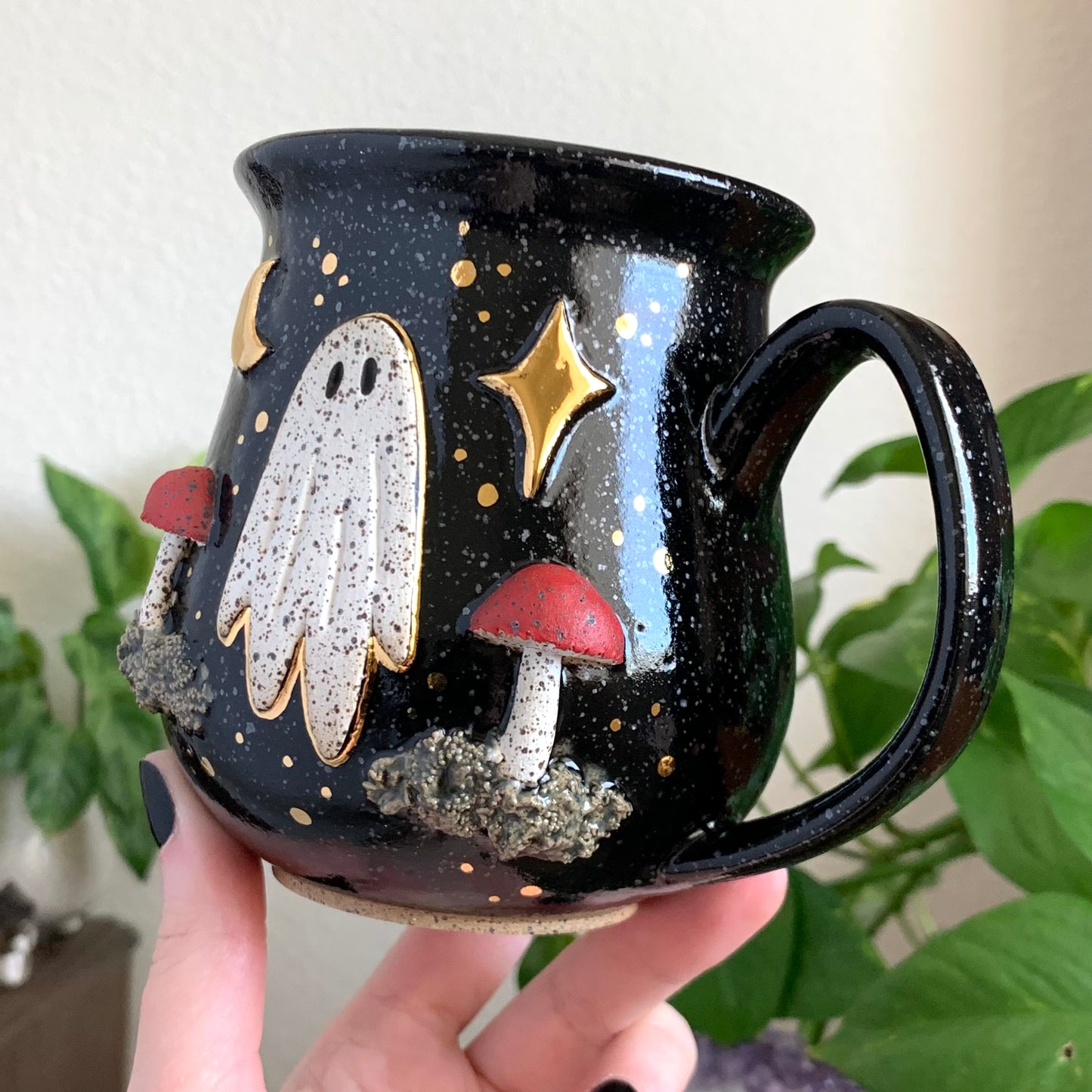 PRE-ORDER • Red Mushroom Ghost Mug • Raven Glaze *READ FULL DETAILS*