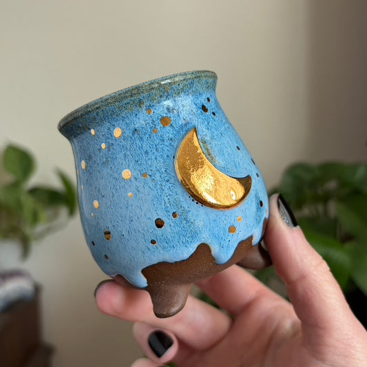 Crescent Moon Mini Ritual Cauldron • Drippy Blue Glaze