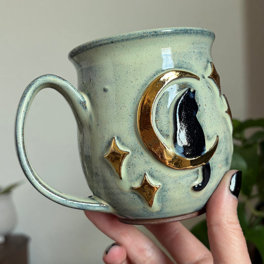 Cat in the Moon + Stars Mug • Meadow Glaze • 14 fl oz