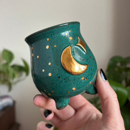 Moon + Star Mini Ritual Cauldron • Emerald Glaze