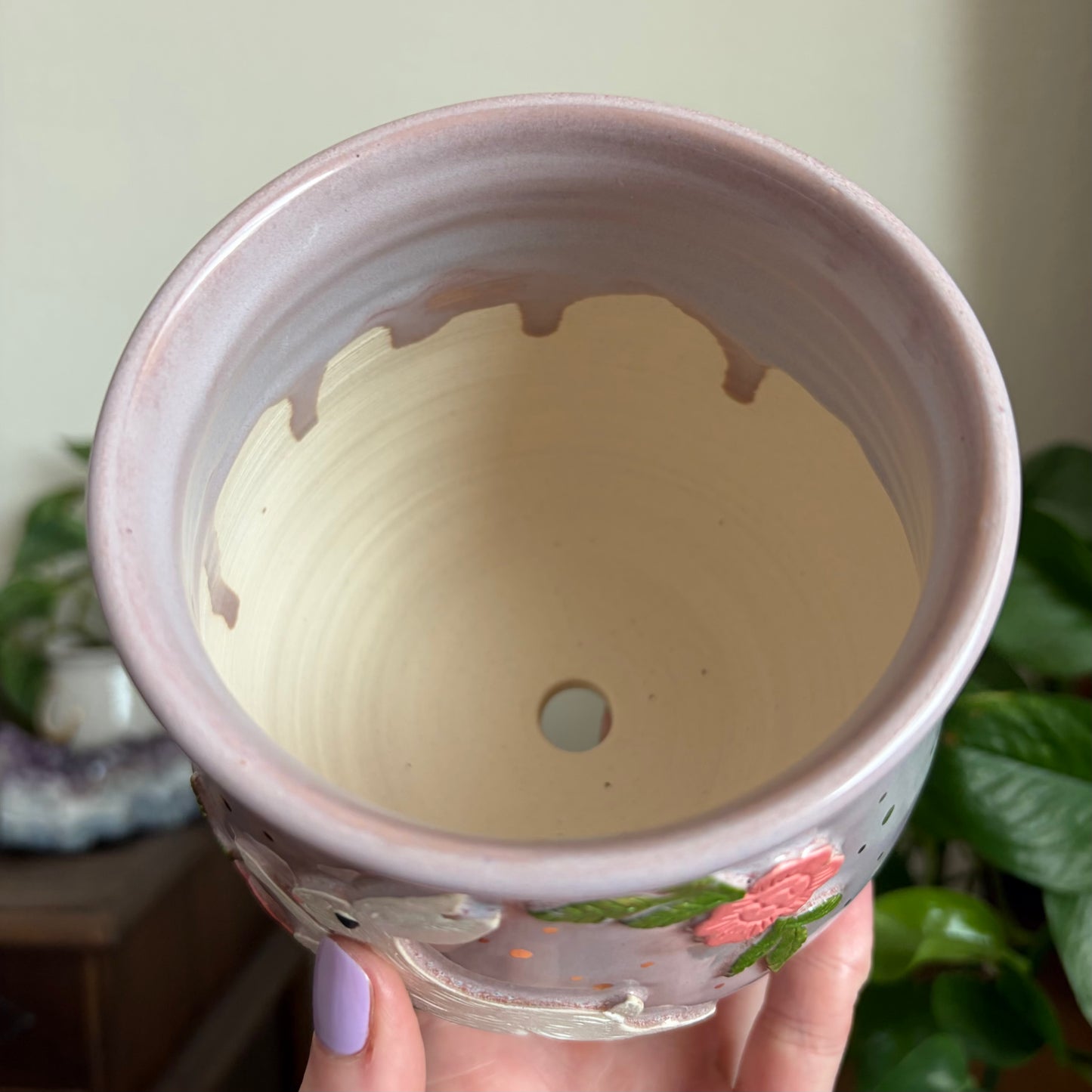 Hare + Peonies Medium Planter • Drippy Lavender Haze Glaze • Drainage
