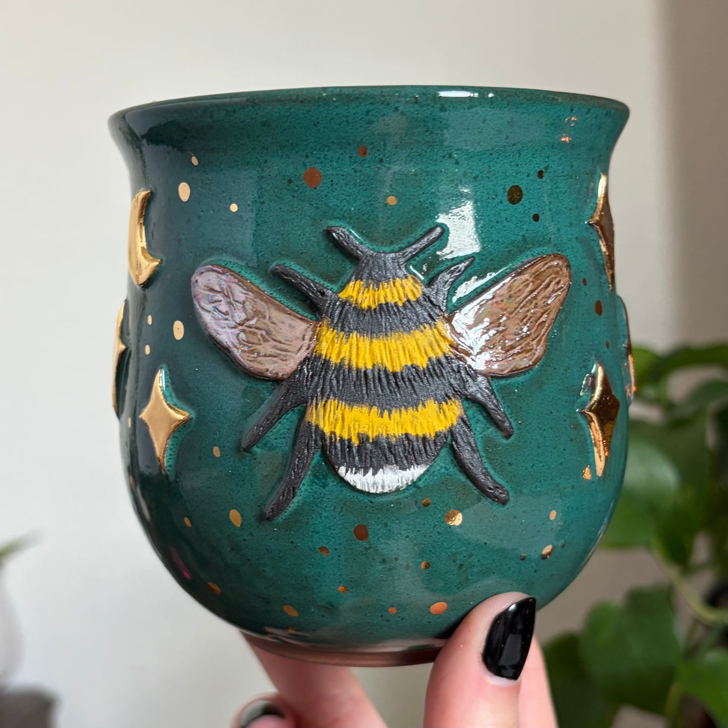 Celestial Bee Small Planter • Emerald Glaze • Drainage