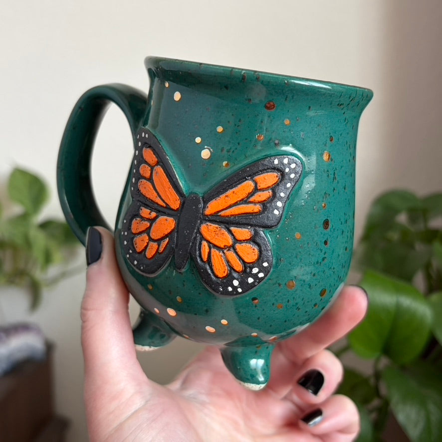 Butterfly + Stars Double Sided Cauldron Mug • Emerald Glaze • 12 fl oz
