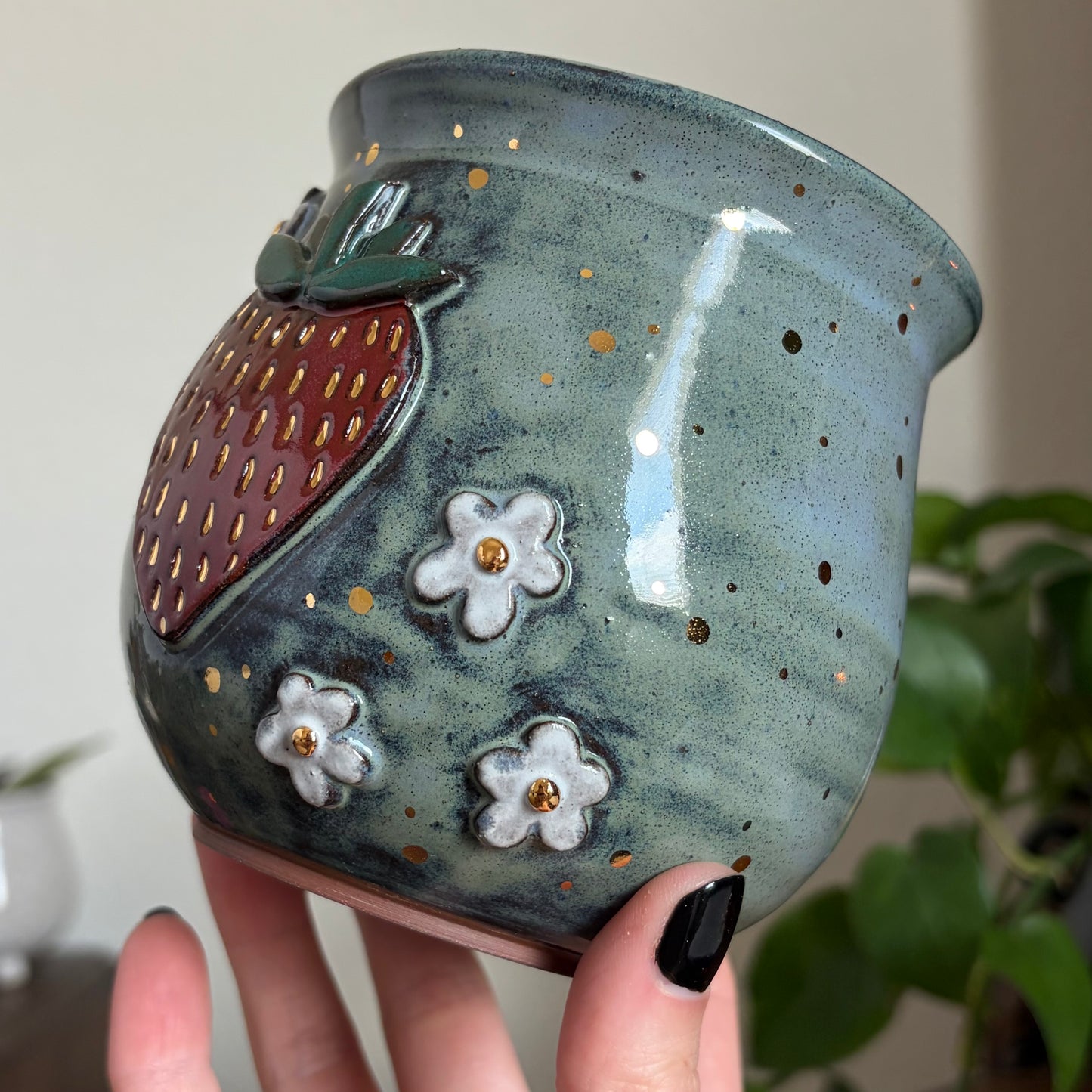 Strawberry + Flowers Medium Planter • Moody Blue Glaze • Drainage