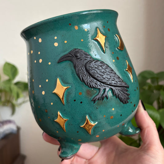 Celestial Raven Cauldron Planter • Emerald Glaze • Drainage