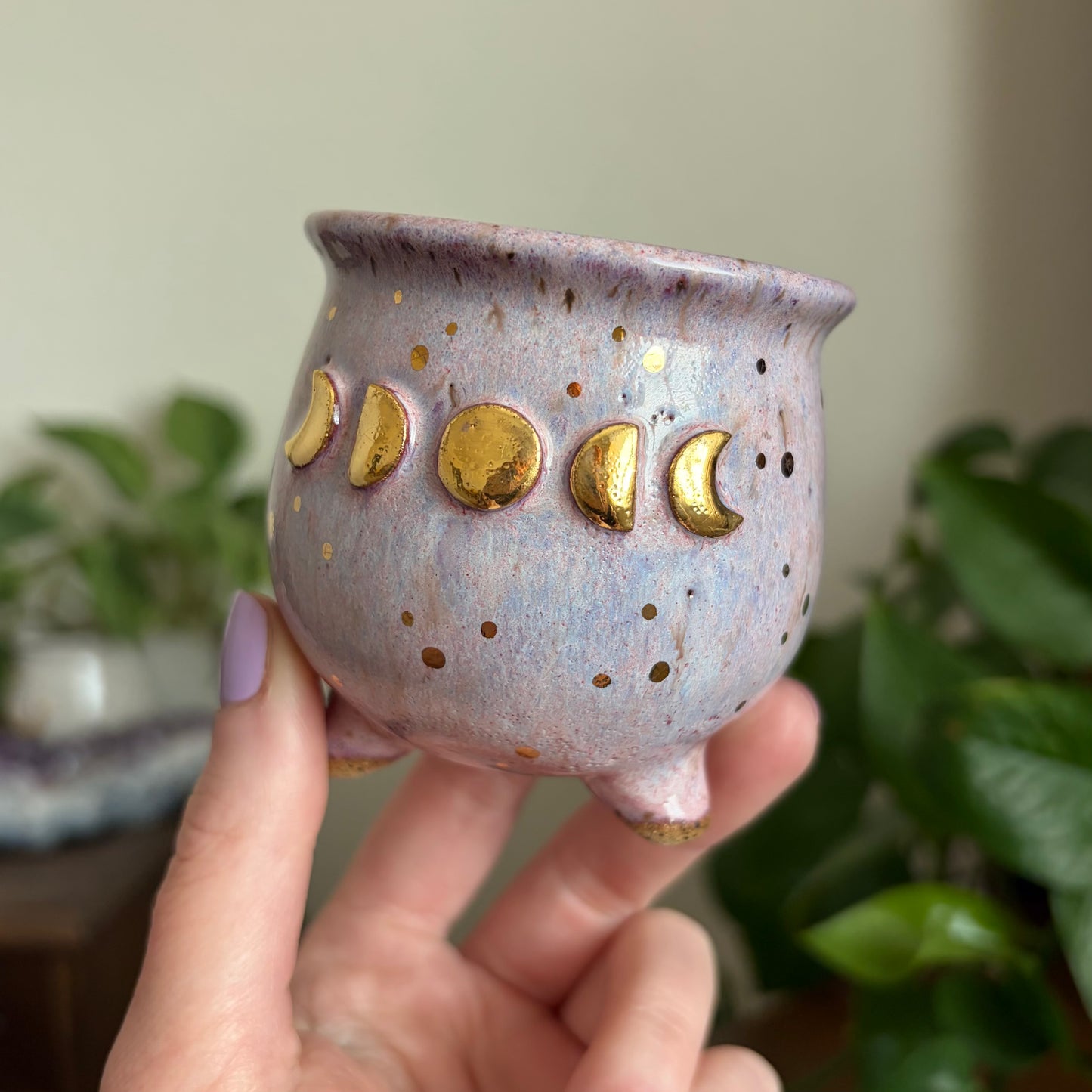 Moon Phase Cauldron Mini Planter • Dusty Pink Glaze • Drainage