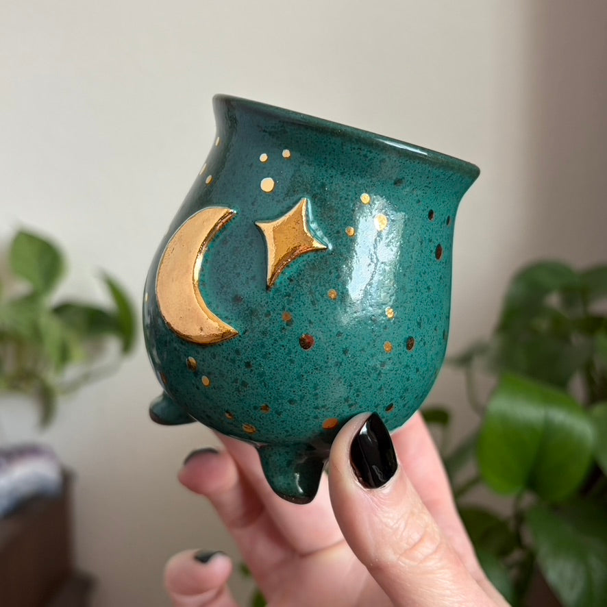 Moon + Star Mini Ritual Cauldron • Emerald Glaze
