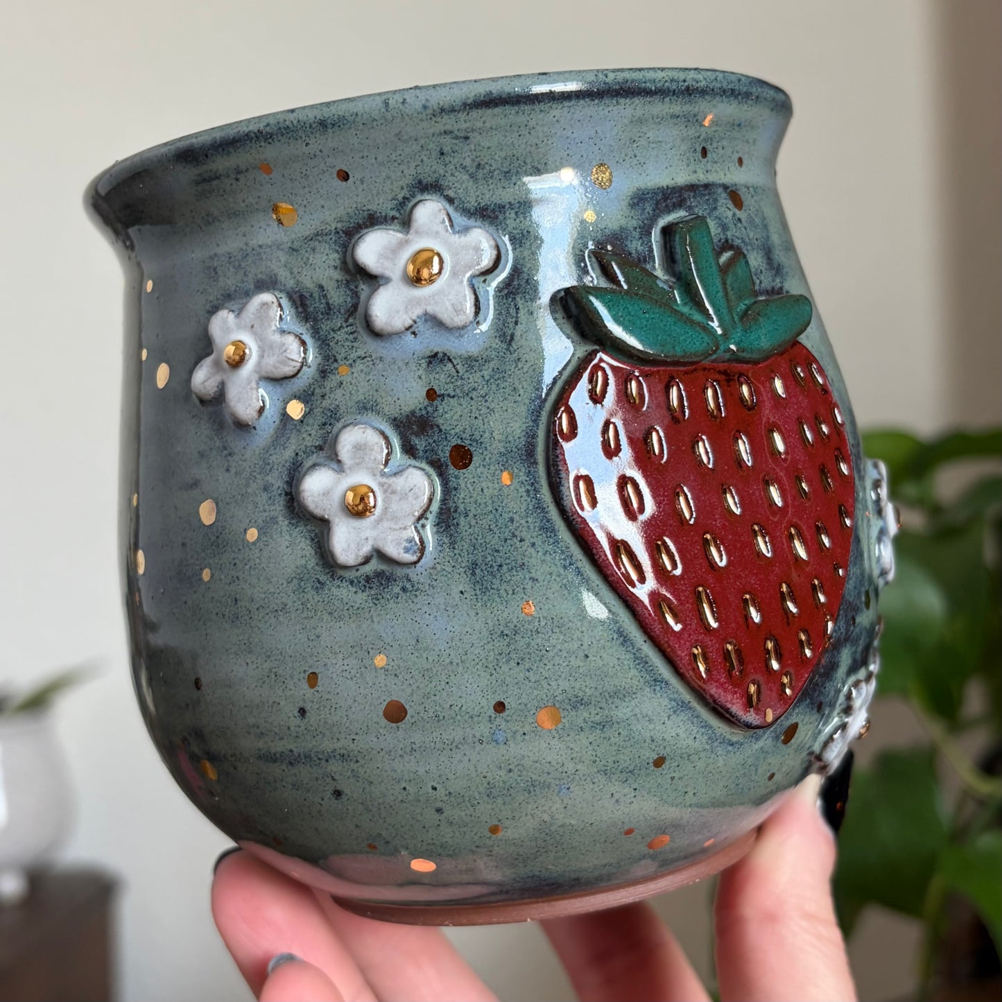 Strawberry + Flowers Medium Planter • Moody Blue Glaze • Drainage