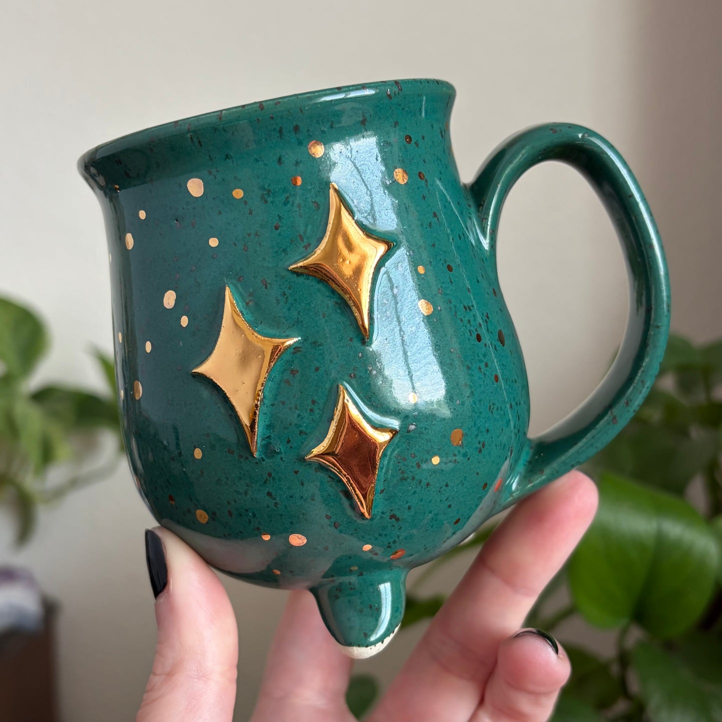 Butterfly + Stars Double Sided Cauldron Mug • Emerald Glaze • 12 fl oz