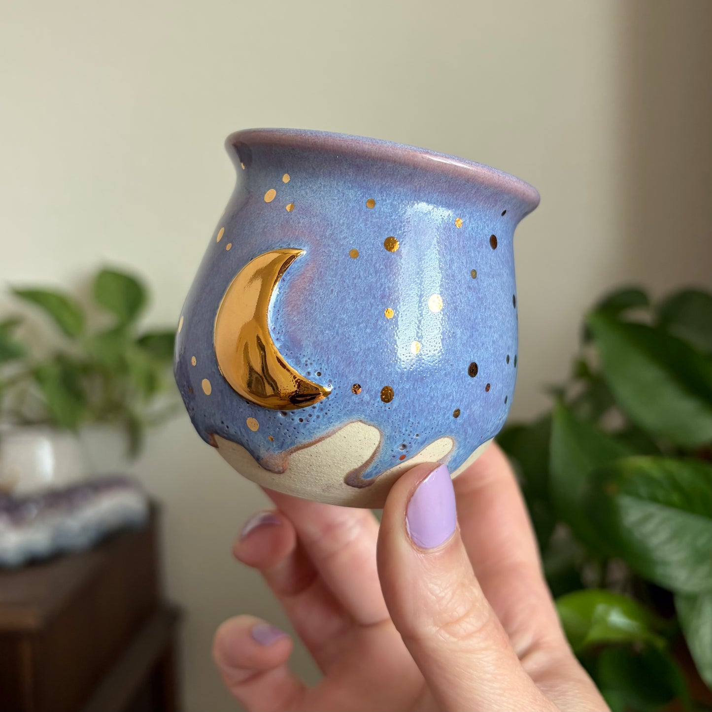 Crescent Moon Mini Planter • Drippy Lavender Haze Glaze • Drainage