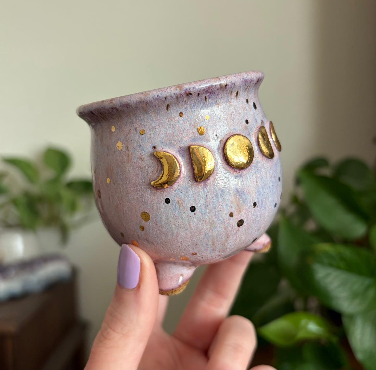 Moon Phase Cauldron Mini Planter • Dusty Pink Glaze • Drainage