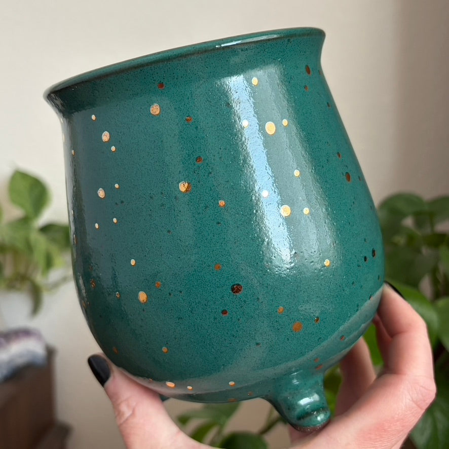 Celestial Raven Cauldron Planter • Emerald Glaze • Drainage