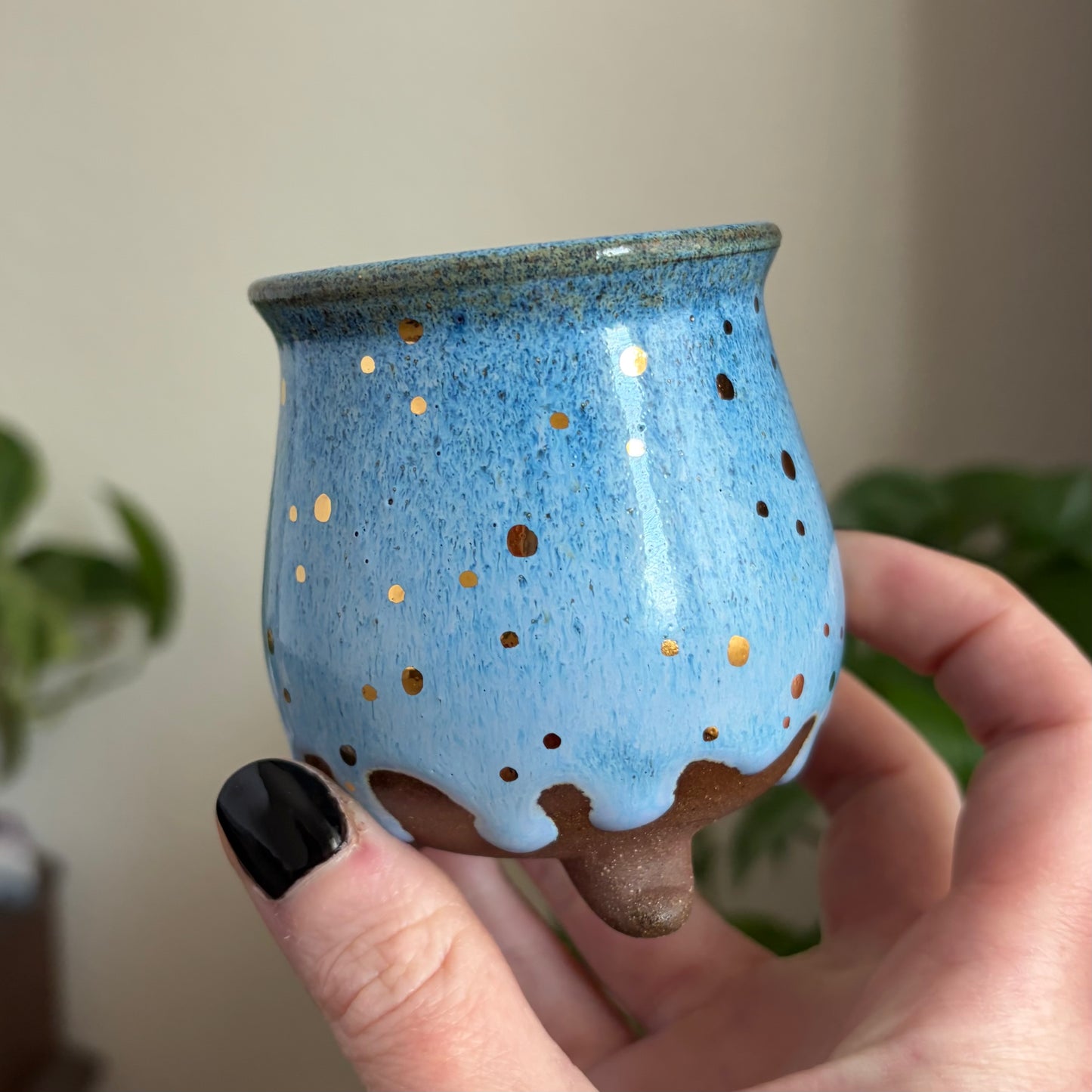 Crescent Moon Mini Ritual Cauldron • Drippy Blue Glaze