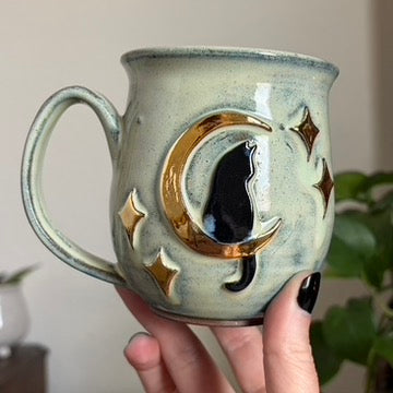 Cat in the Moon + Stars Mug • Meadow Glaze • 14 fl oz