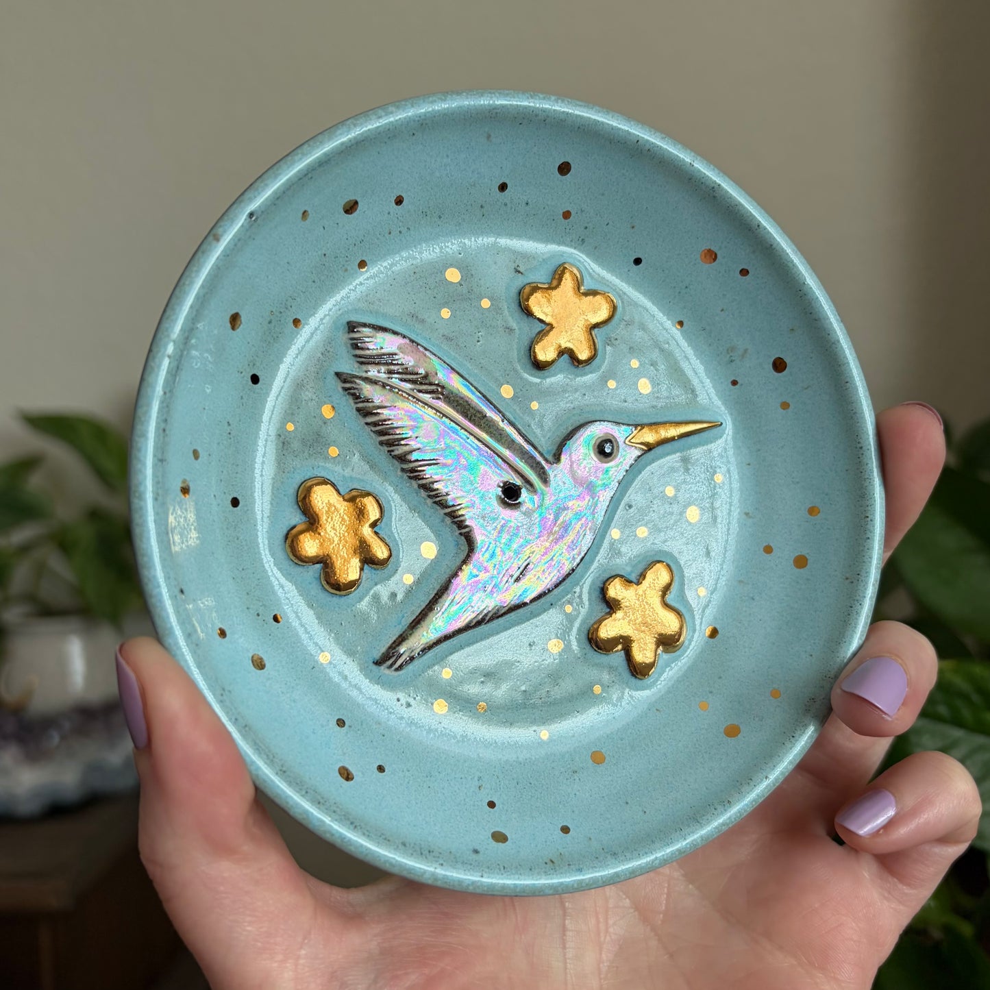 Hummingbird + Flowers Incense Holder • Sky Glaze