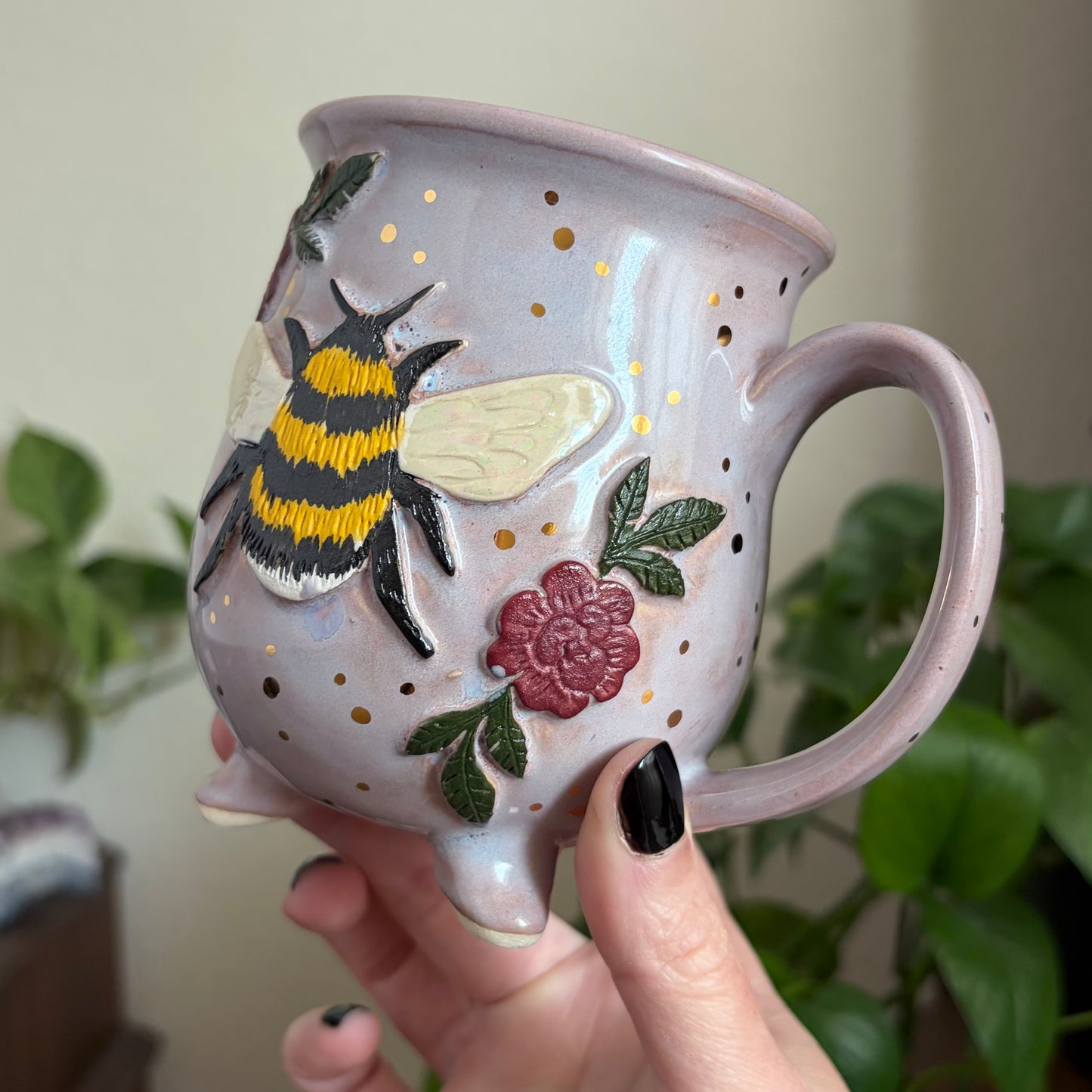 Bee + Peonies Cauldron Mug • Lavender Haze Glaze • 15 fl oz