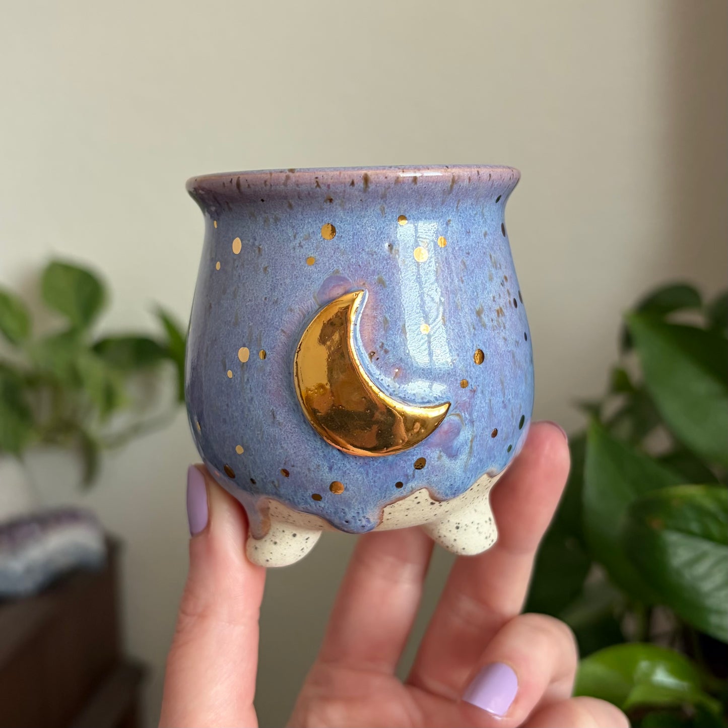 Crescent Moon Mini Ritual Cauldron • Drippy Lavender Haze Glaze