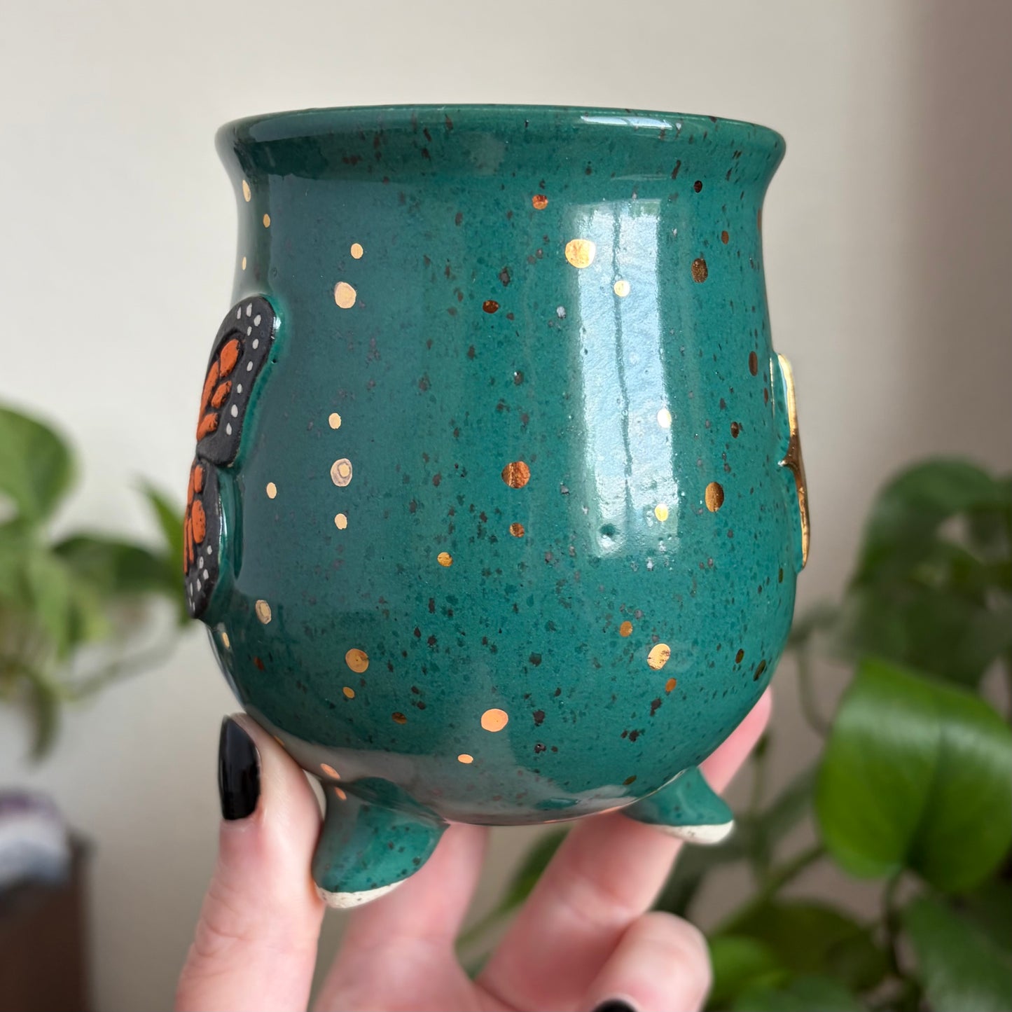 Butterfly + Stars Double Sided Cauldron Mug • Emerald Glaze • 12 fl oz