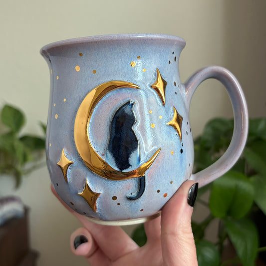 Cat in the Moon + Stars Mug • Lavender Haze Glaze • 15 fl oz