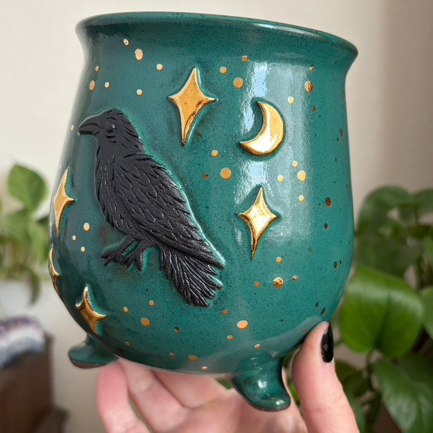 Celestial Raven Cauldron Planter • Emerald Glaze • Drainage