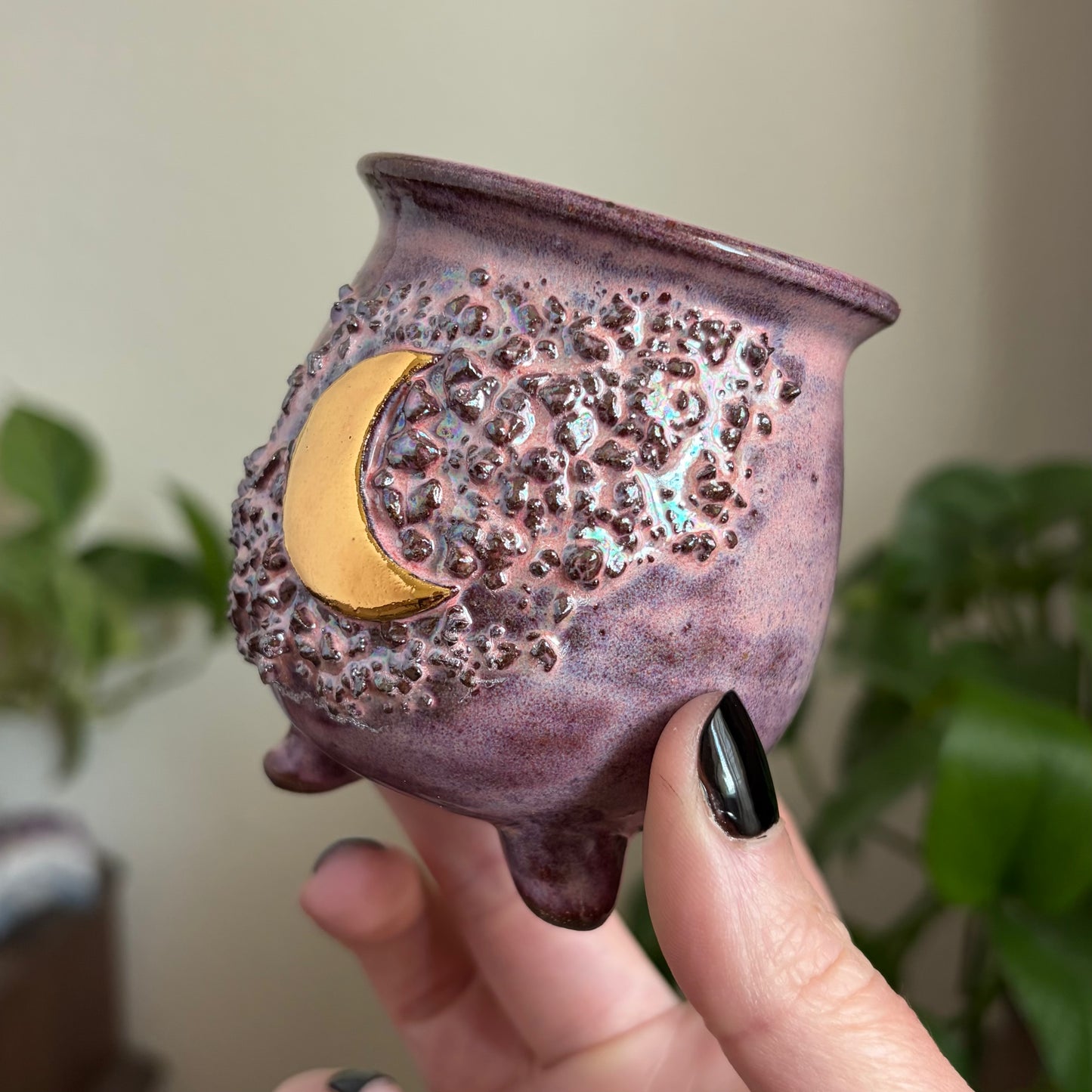Crystal Crescent Moon Mini Ritual Cauldron • Bubblegum Glaze