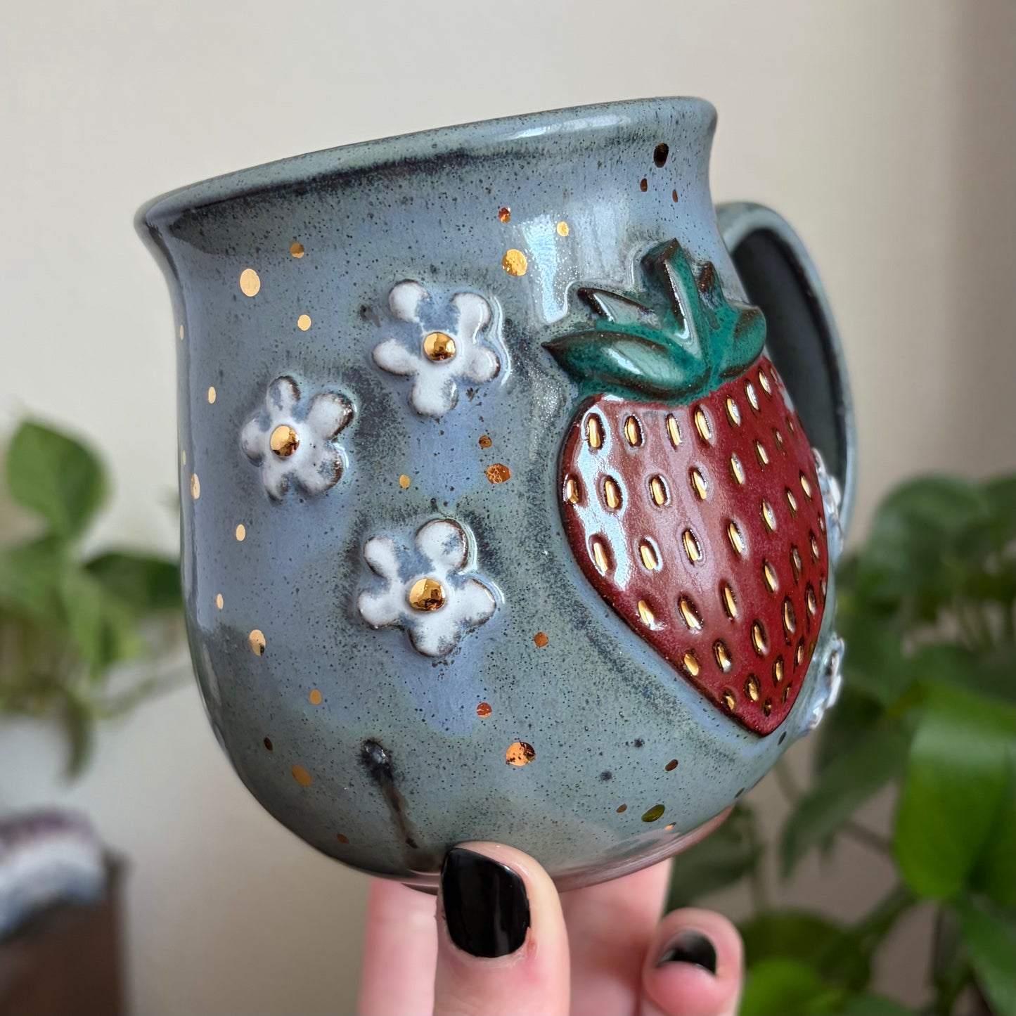 MADE-TO-ORDER • Dark & Moody Strawberry + Flowers Mug • Moody Blue Glaze *READ FULL DETAILS*