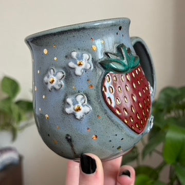 Strawberry + Flowers Mug • Blue Glaze • 15 fl oz