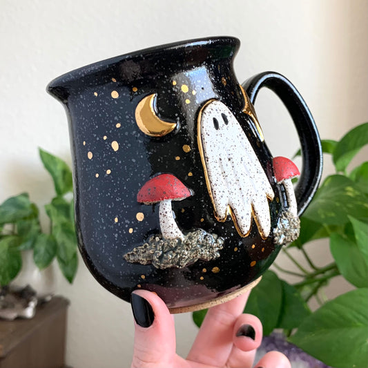 PRE-ORDER • Red Mushroom Ghost Mug • Raven Glaze *READ FULL DETAILS*