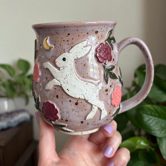 Hare + Peonies Mug • Lavender Haze Glaze • 18 fl oz