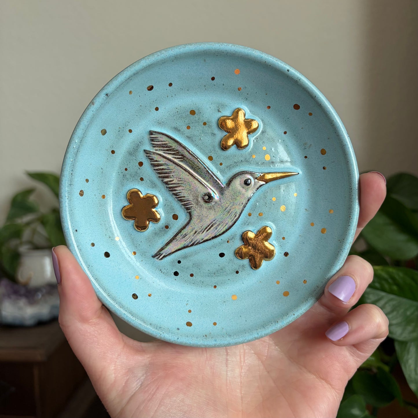 Hummingbird + Flowers Incense Holder • Sky Glaze