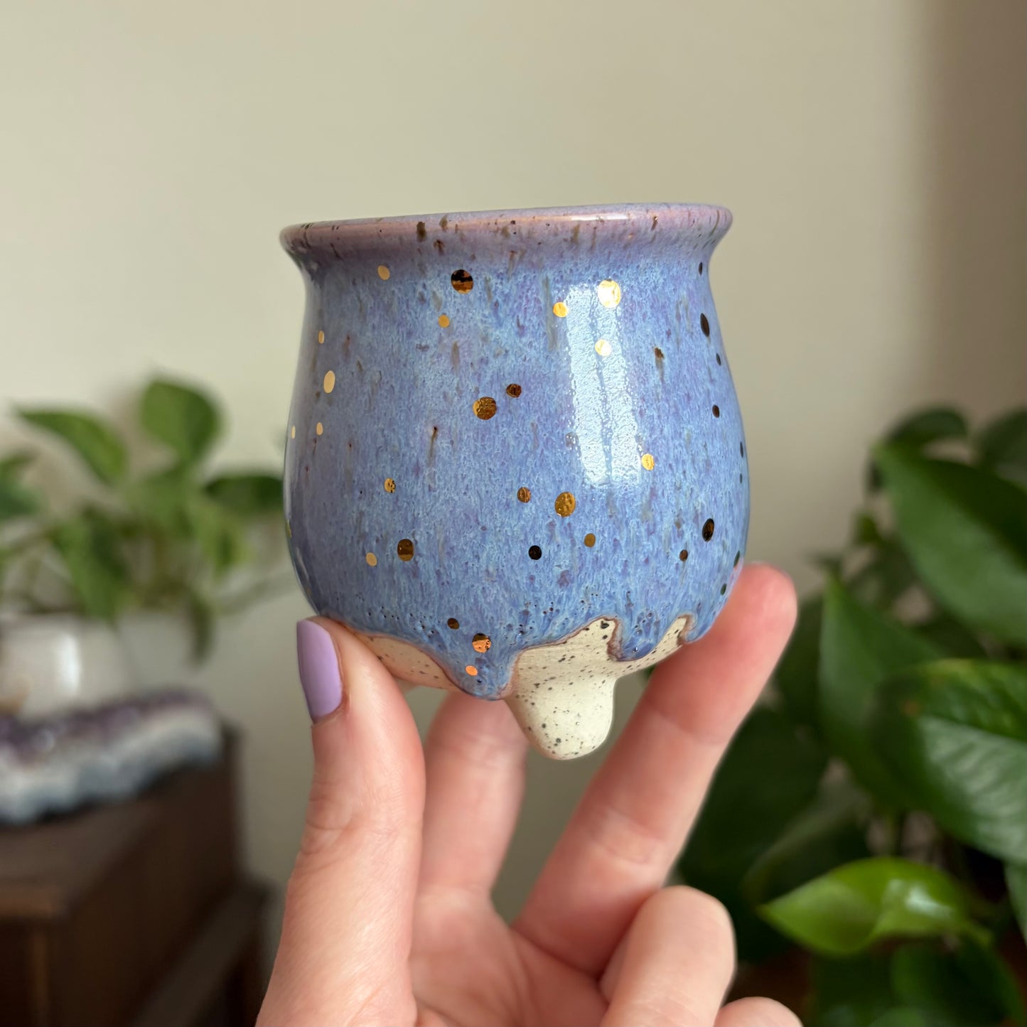 Crescent Moon Mini Ritual Cauldron • Drippy Lavender Haze Glaze