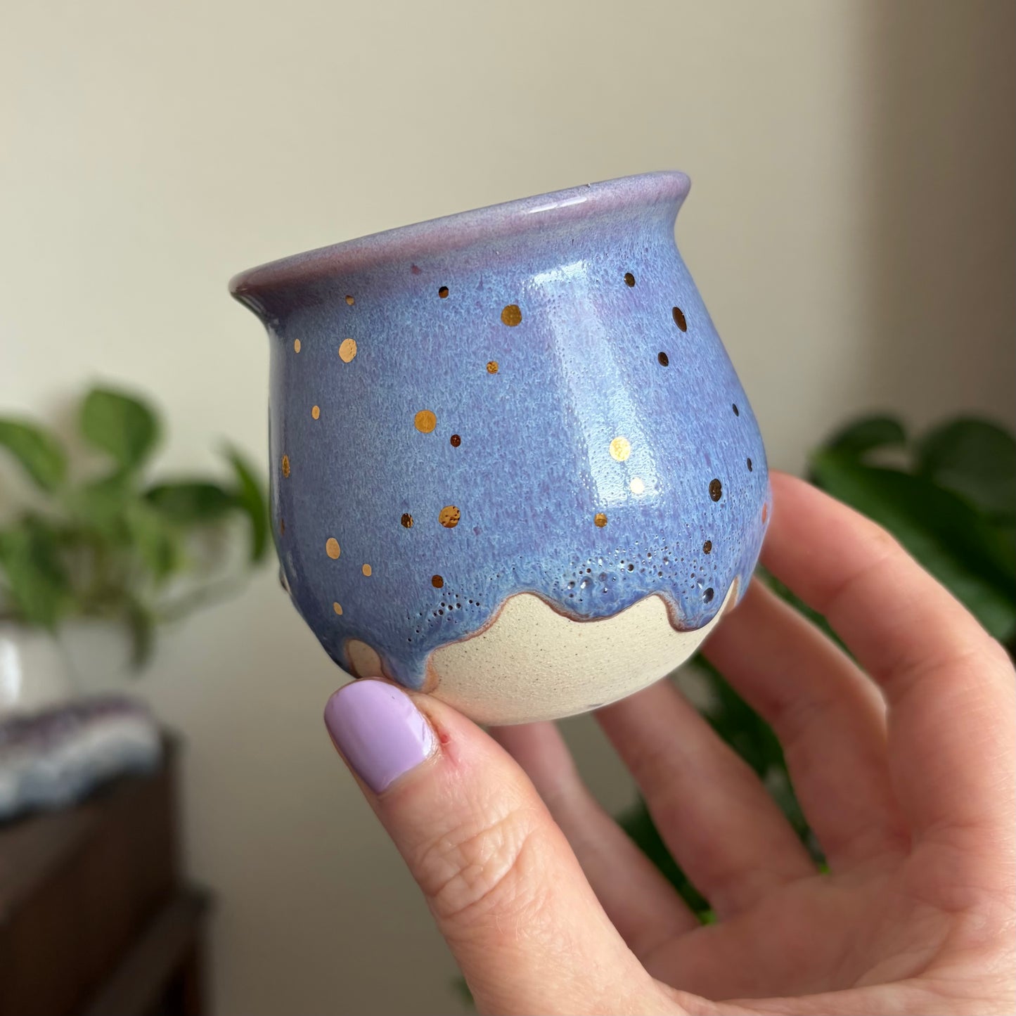 Crescent Moon Mini Planter • Drippy Lavender Haze Glaze • Drainage