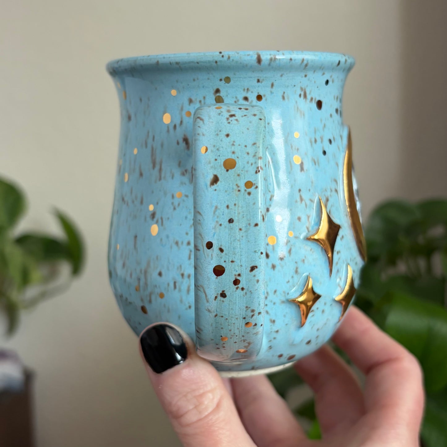 Cat in the Moon + Stars Mug • Sky Glaze • 15 fl oz