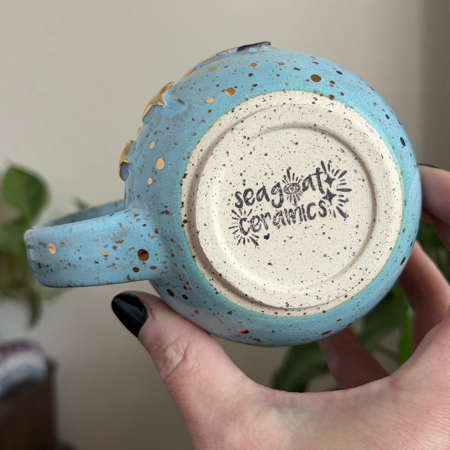 Cat in the Moon + Stars Mug • Sky Glaze • 15 fl oz