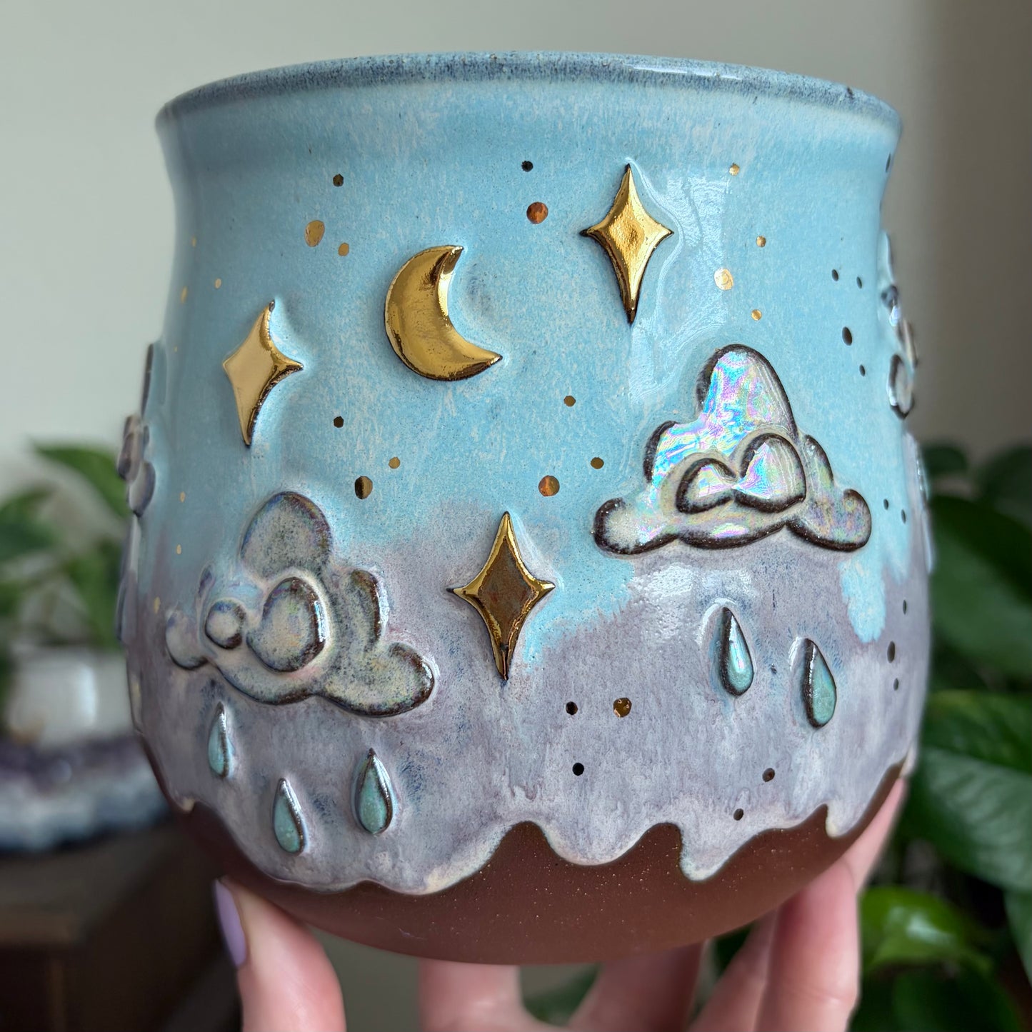 Hummingbird + Rain Clouds Wrap Around Design Large Planter • Drippy Cotton Candy Sky Glaze • Drainage