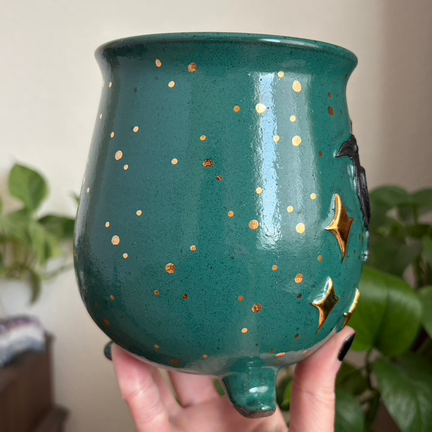 Celestial Raven Cauldron Planter • Emerald Glaze • Drainage