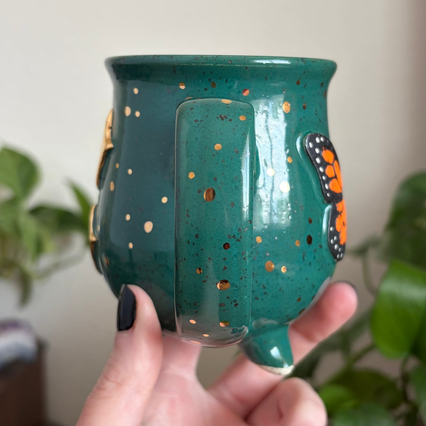 Butterfly + Stars Double Sided Cauldron Mug • Emerald Glaze • 12 fl oz