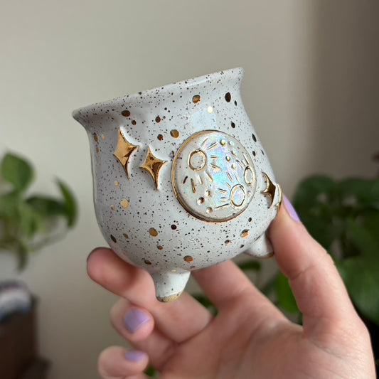 Full Moon + Stars Mini Ritual Cauldron • Snow Glaze