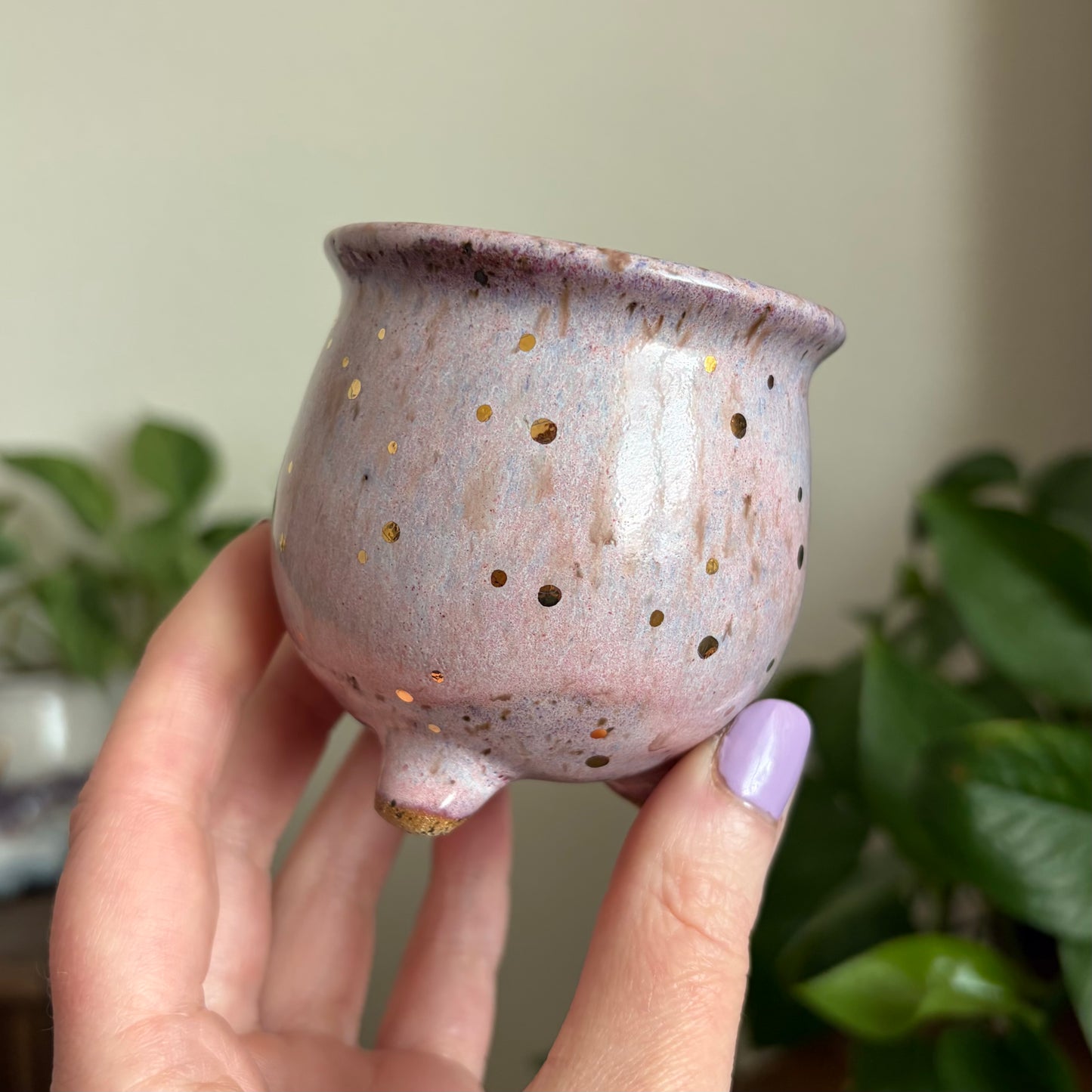 Moon Phase Cauldron Mini Planter • Dusty Pink Glaze • Drainage