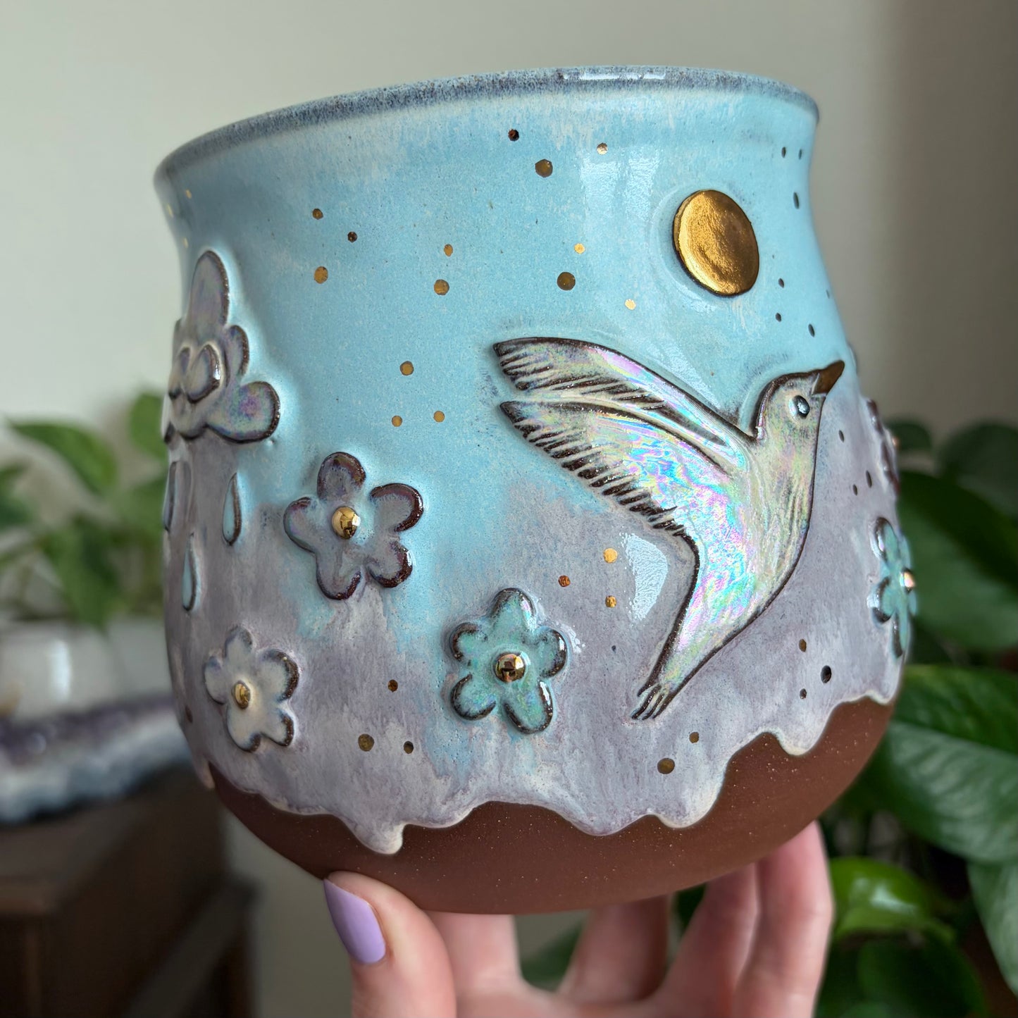 Hummingbird + Rain Clouds Wrap Around Design Large Planter • Drippy Cotton Candy Sky Glaze • Drainage