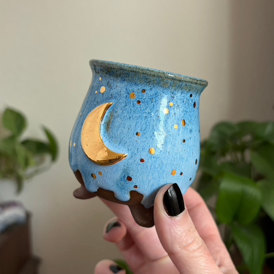 Crescent Moon Mini Ritual Cauldron • Drippy Blue Glaze