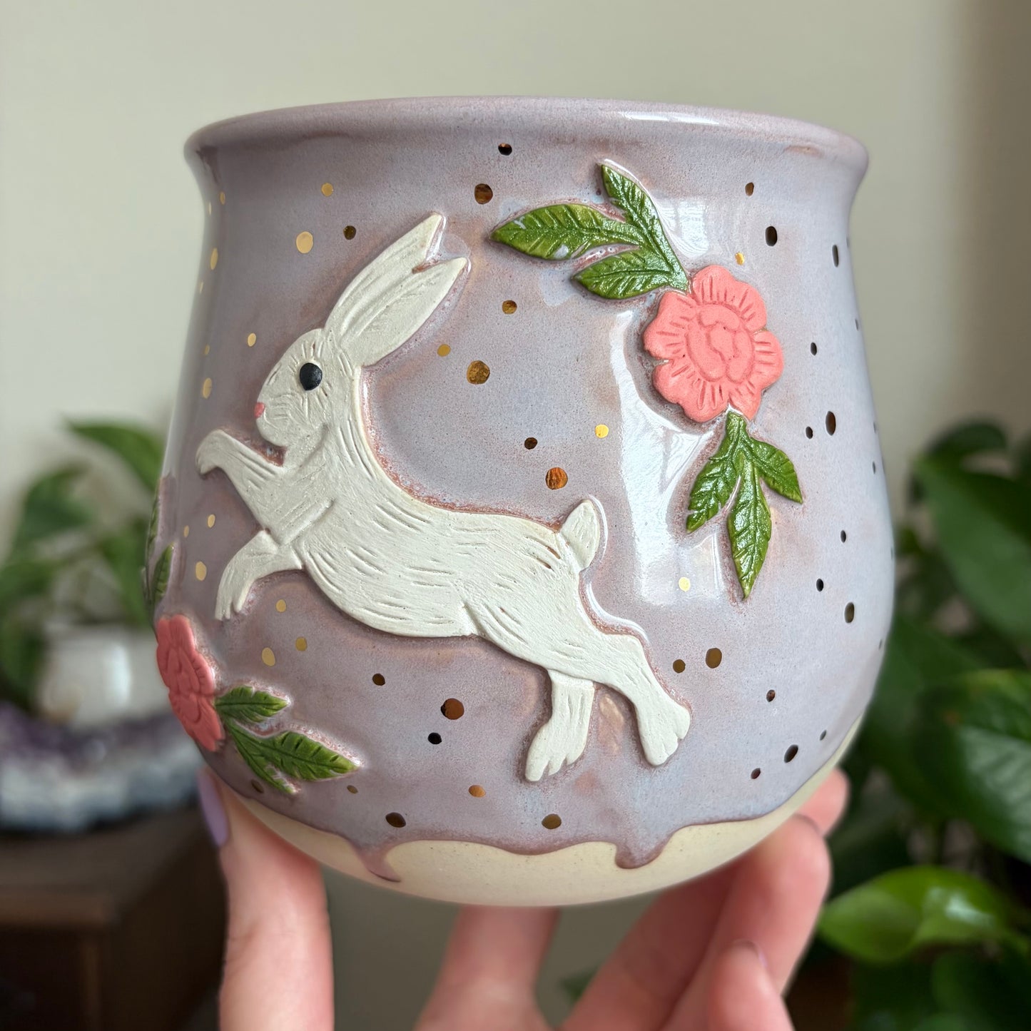 Hare + Peonies Medium Planter • Drippy Lavender Haze Glaze • Drainage