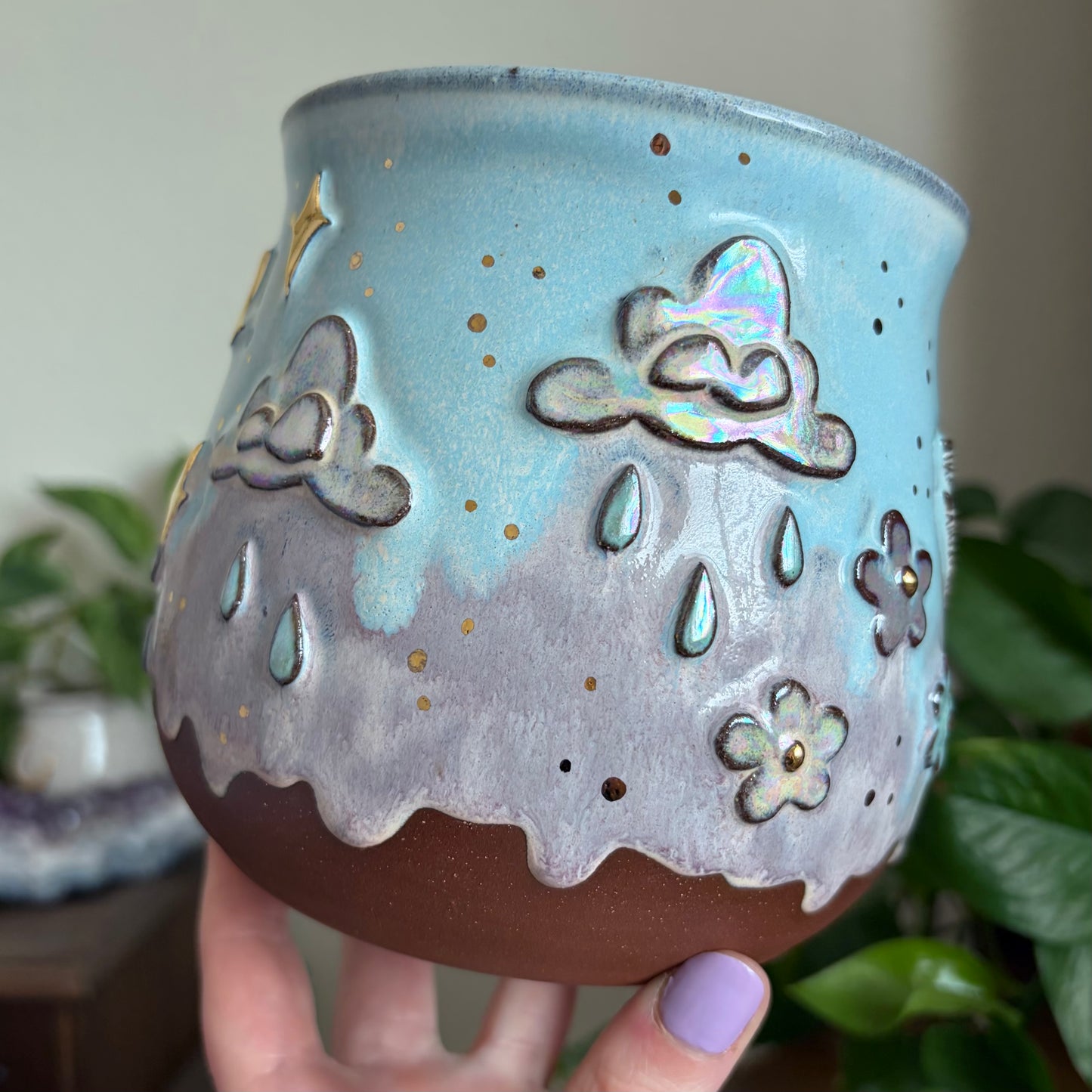 Hummingbird + Rain Clouds Wrap Around Design Large Planter • Drippy Cotton Candy Sky Glaze • Drainage